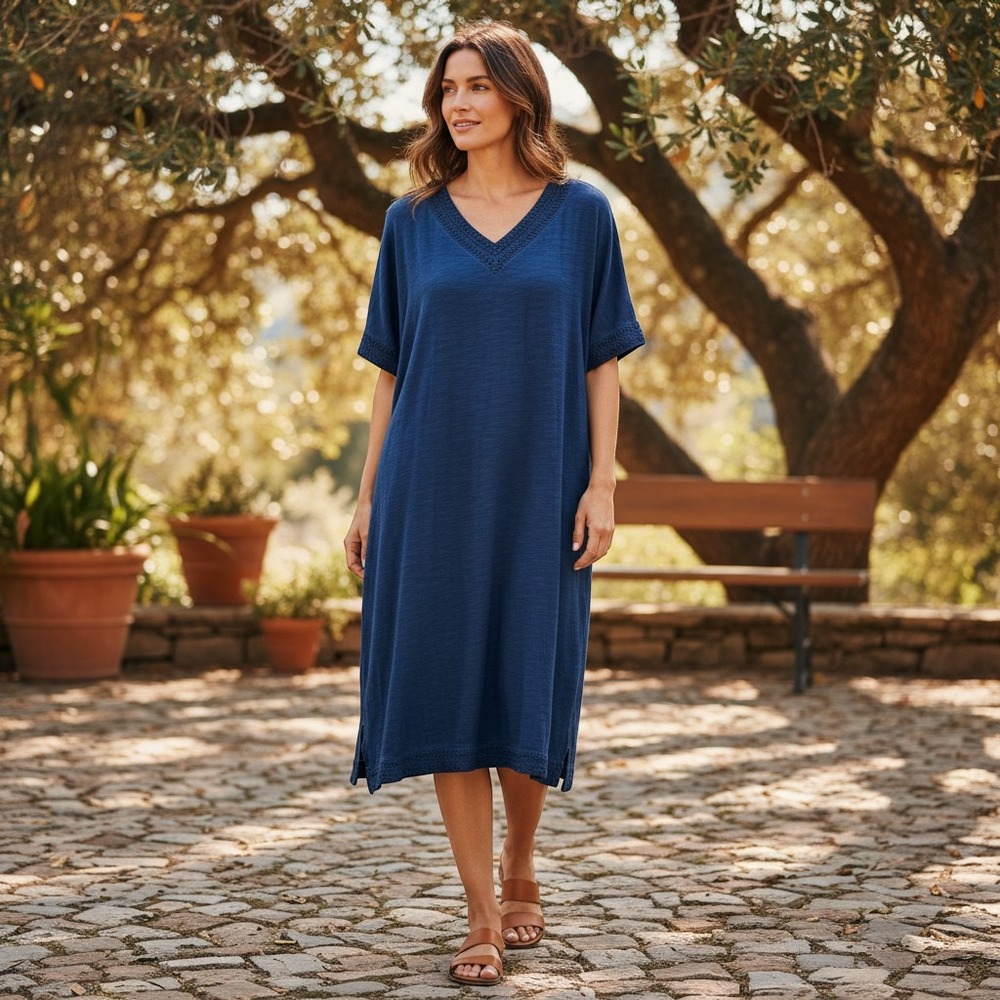Chico's Blue Knit Cotton V-Neck Midi Dress Crochet Trim Coastal Resortwear 2 NEW